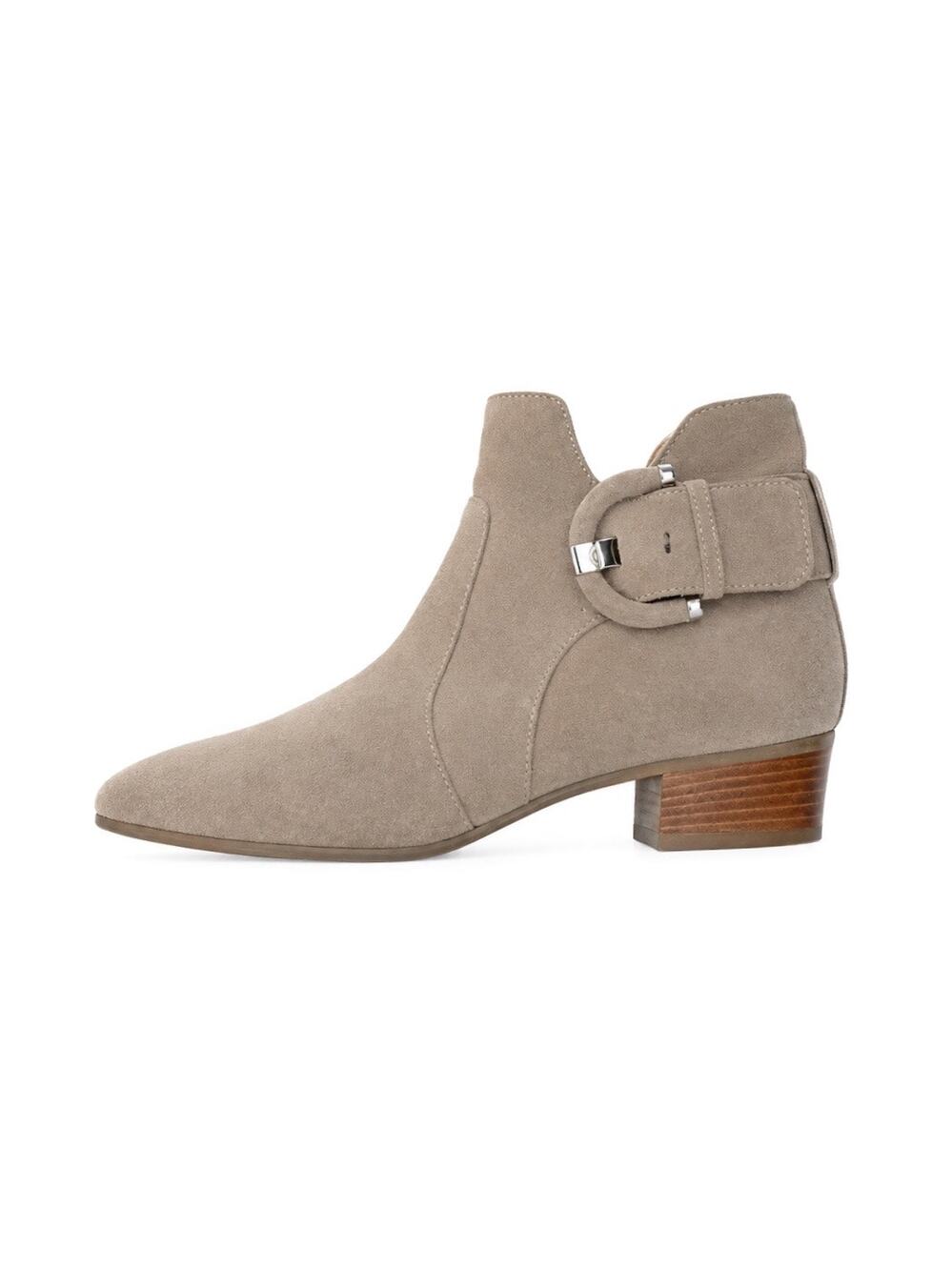 Aquatalia Taupe Suede Weatherproof Ankle Boots Buckle Block Heel Italian Booties